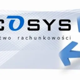 Logo firmy ACO SYS z Łodzi, oferującej doradztwo rachunkowości, z niebieską strzałką w tle.