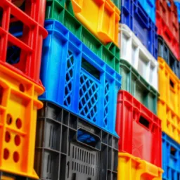 Ściana ułożona z kolorowych, plastikowych skrzynek transportowych w odcieniach czerwieni, żółci, zieleni, niebieskiego, bieli i czerni, widziana pod kątem.