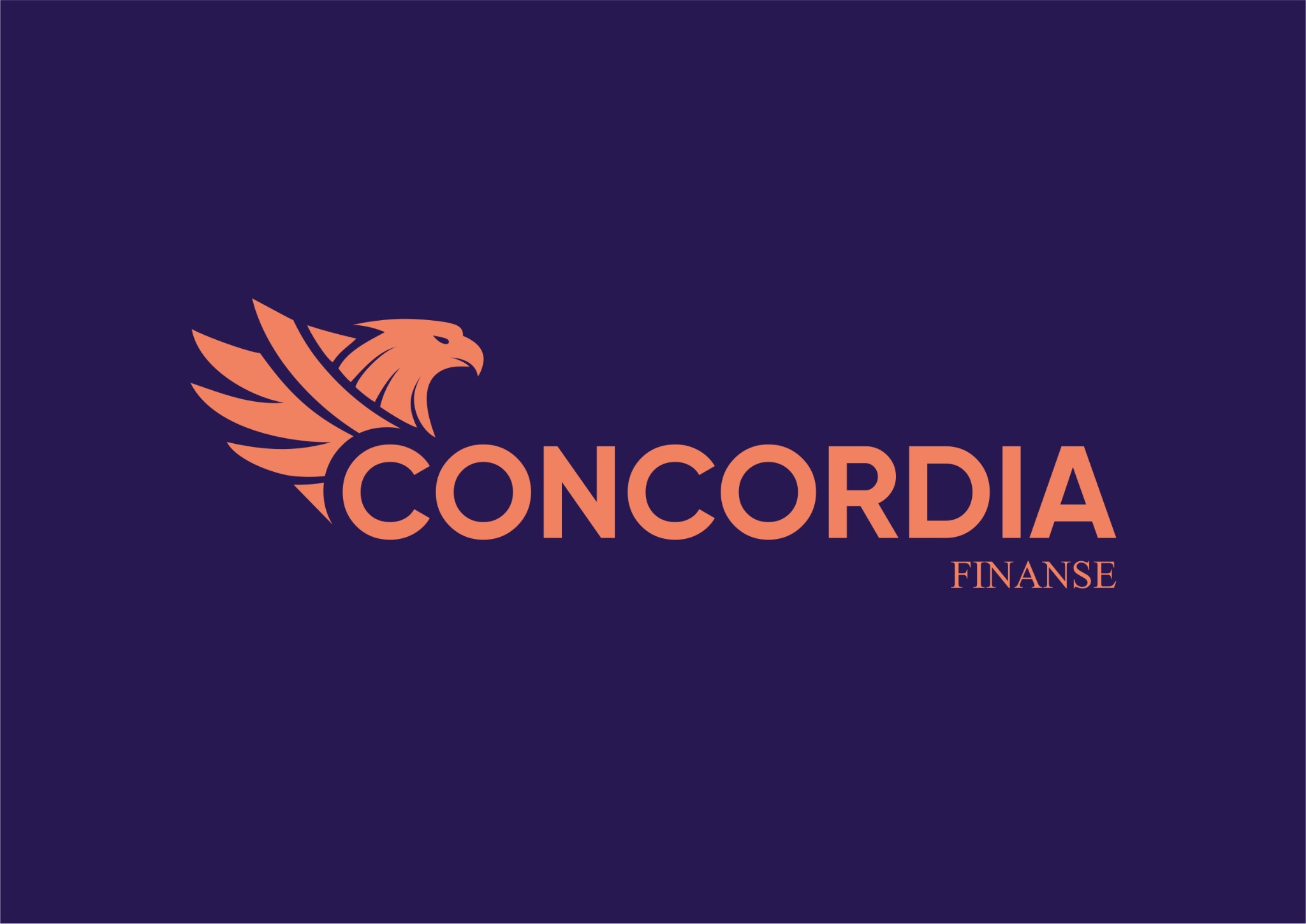 Pomarańczowe logo Concordia Finanse na fioletowym tle. Stylizowany orzeł z rozpostartymi skrzydłami łączy się z nazwą firmy.