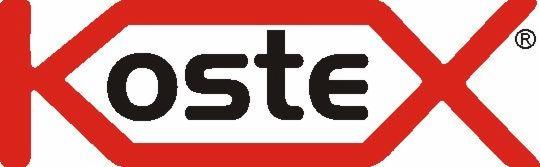Logo firmy KOSTEX w kolorze czerwonym i czarnym, z symbolem zastrzeżonym znakiem towarowym.