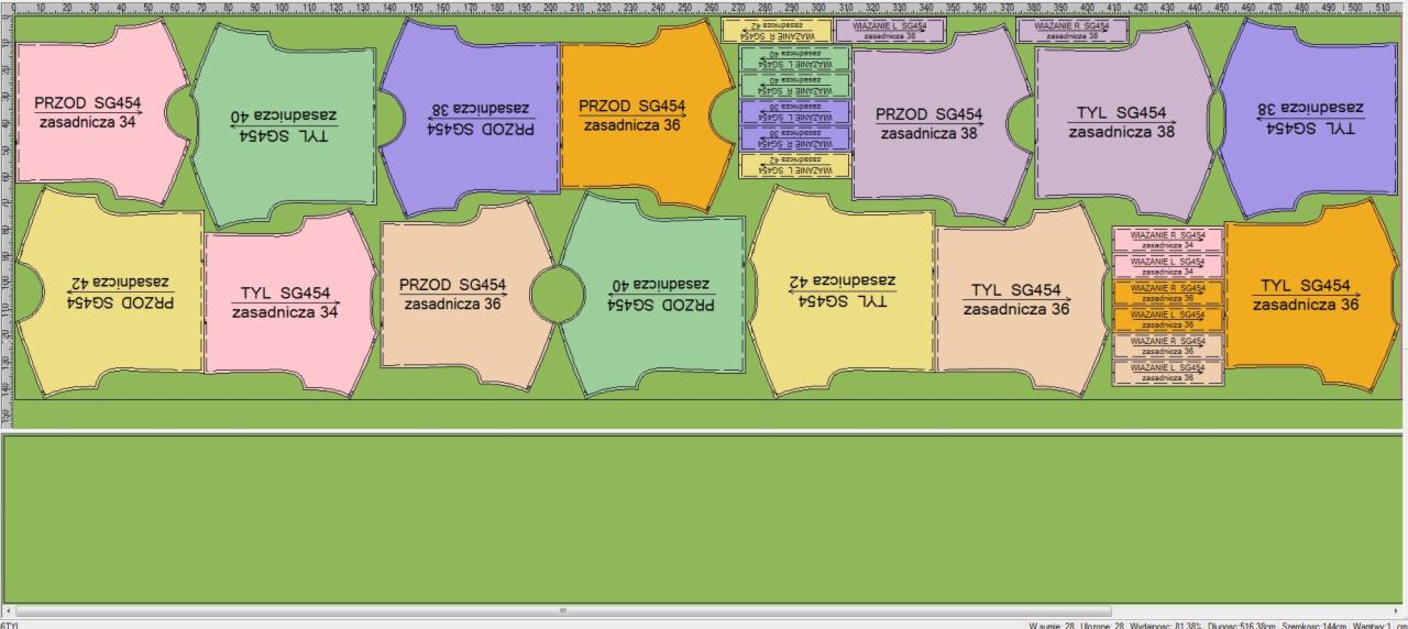 Ekran programu komputerowego z rozrysowanymi szablonami odzieży w różnych kolorach i rozmiarach, widoczne nazwy elementów: PRZOD, TYL, WIĄZANIE, z podanymi numerami i zasadniczymi rozmiarami.