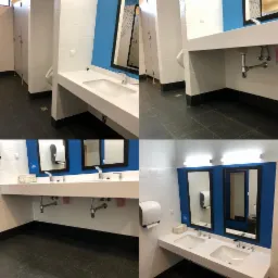 Wykończona łazienka publiczna z białymi umywalkami, czarnymi podłogami i niebieskim akcentem na ścianach, widoczne instalacje hydrauliczne pod umywalkami, kabiny toaletowe w tle.