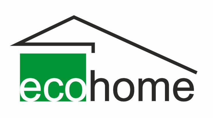 Logo firmy Eco Home z zielonym kwadratem i czarnym zarysem dachu domu.