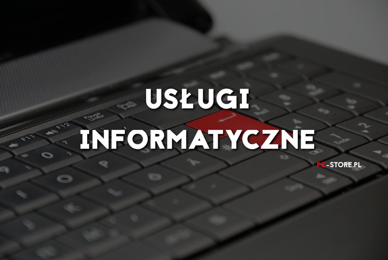 Ciemna klawiatura laptopa z czerwonym klawiszem Enter i białym napisem 'Usługi Informatyczne'