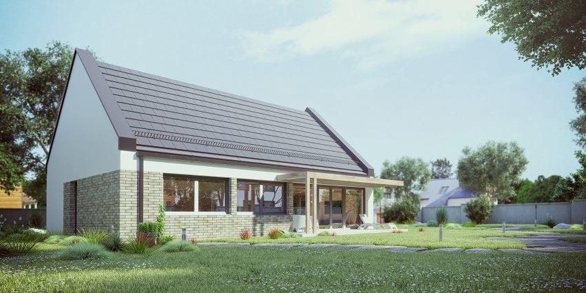 Wizualizacja parterowego domu z jasną elewacją częściowo wykończoną cegłą, zadaszonym tarasem i szarym dachem dwuspadowym, otoczonego zielonym trawnikiem z kwitnącymi stokrotkami.