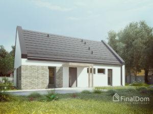 Wizualizacja nowoczesnego domu jednorodzinnego z białymi ścianami, grafitowym dachem i kamienną elewacją, otoczonego zielonym trawnikiem i drzewami.