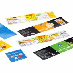 Różne opakowania produktów spożywczych, w tym kiszonej kapusty, ogórków konserwowych i cukierków Krówka, ułożone na białym tle.