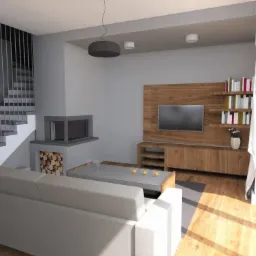 Wizualizacja salonu z minimalistycznym kominkiem, drewnianą zabudową telewizyjną i schodami z metalową balustradą. Szara sofa z jasnymi poduszkami stoi na drewnianej podłodze.