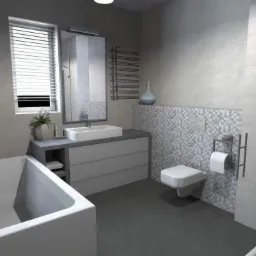 Wizualizacja łazienki w odcieniach szarości z wanną, umywalką nablatową, toaletą podwieszaną i mozaiką na ścianie.