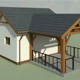 Wizualizacja domu jednorodzinnego z zadaszonym tarasem, drewniana konstrukcja dachu i tarasu, biała elewacja z dwoma oknami.