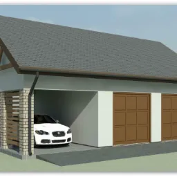 Wizualizacja garażu dwustanowiskowego z białym samochodem w środku, zadaszona wiata z drewnianymi listwami po lewej stronie, szara dachówka i logo firmy w prawym górnym rogu.