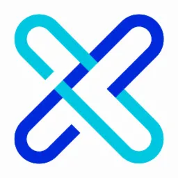 Abstrakcyjne logo firmy IT: przeplatające się zaokrąglone kształty w odcieniach niebieskiego na białym tle.