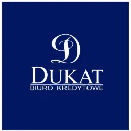 Logo firmy DUKAT Biuro Kredytowe na granatowym tle, z ozdobną literą D i napisem Biuro Kredytowe pod nazwą firmy.