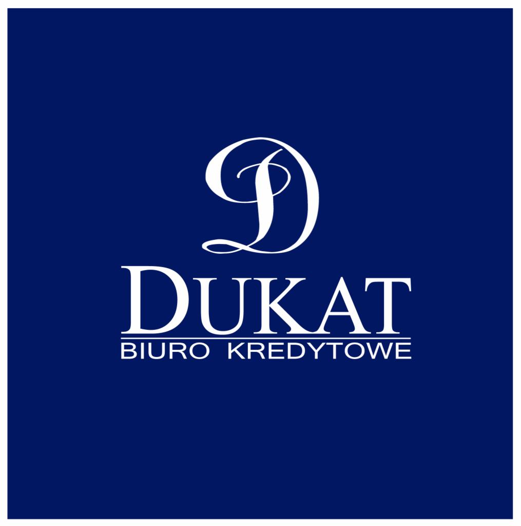 Logo firmy DUKAT Biuro Kredytowe na granatowym tle, z ozdobną literą D i napisem Biuro Kredytowe pod nazwą firmy.