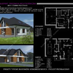 Wizualizacja projektu domu jednorodzinnego z płaskimi rzutami parteru i poddasza, prezentująca układ pomieszczeń i metraż, z uwzględnieniem garażu i pracowni.
