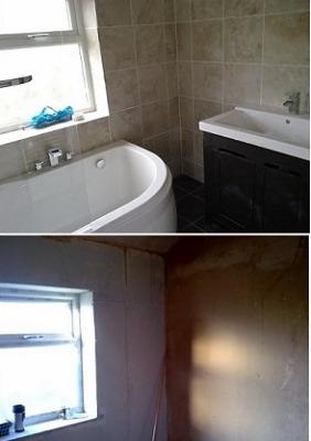 Dzielone zdjęcie prezentuje łazienkę: górna część ukazuje wykończoną przestrzeń z wanną, umywalką i beżowymi płytkami, a dolna surową ścianę przygotowaną do dalszych prac wykończeniowych przy oknie.