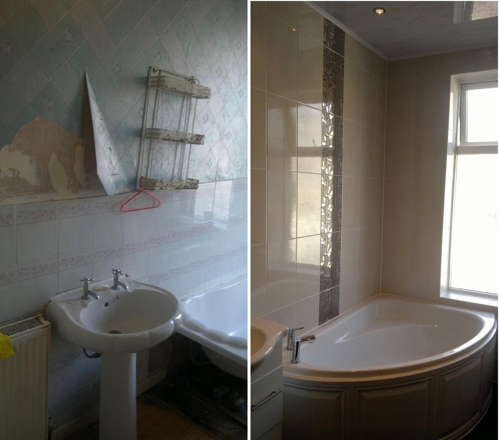 Porównanie łazienki przed i po remoncie: stare, zniszczone płytki i umywalka kontra nowe, beżowe kafelki z dekoracyjnym pasem i narożna wanna.
