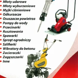 Prezentacja różnych maszyn budowlanych i ogrodniczych: młot udarowy Bosch, zagęszczarka gruntu, glebogryzarka Stiga oraz inne urządzenia.