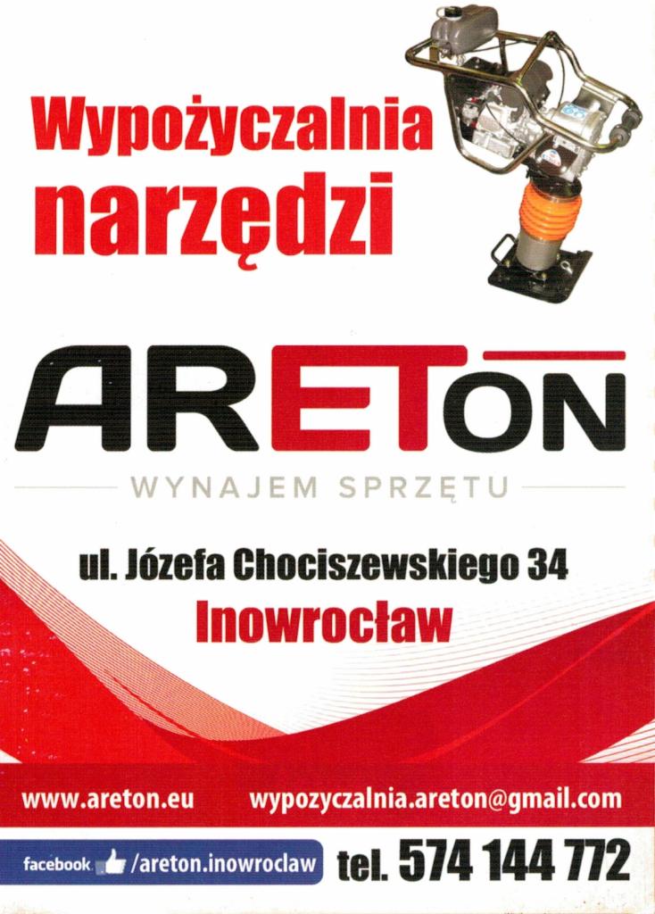 Ogłoszenie firmy ARETON z Inowrocławia oferującej wynajem narzędzi, w tym ubijaka wibracyjnego, z podanym adresem, numerem telefonu, adresem e-mail i odnośnikiem do Facebooka.