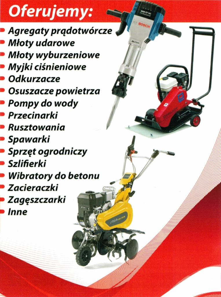 Prezentacja różnych maszyn budowlanych i ogrodniczych: młot udarowy Bosch, zagęszczarka gruntu, glebogryzarka Stiga oraz inne urządzenia.