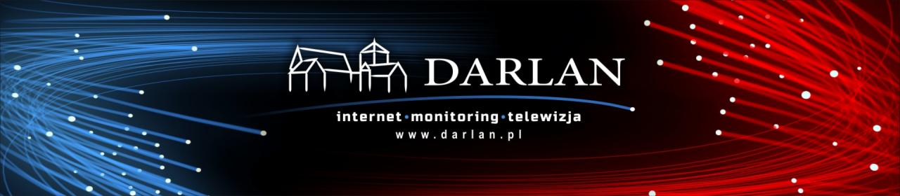 Logo firmy Darlan z motywem światłowodów w kolorach niebieskim i czerwonym, oferującej internet, monitoring i telewizję.
