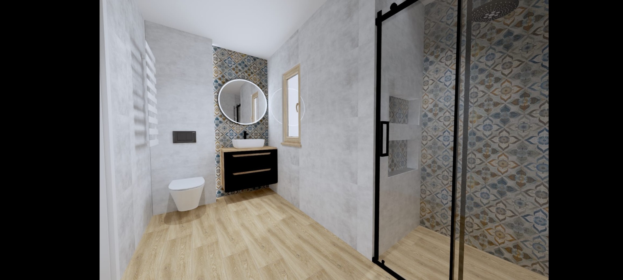 Wizualizacja łazienki z kabiną prysznicową typu walk-in, umywalką nablatową na szafce z szufladami, okrągłym lustrem z podświetleniem LED i grzejnikiem drabinkowym.