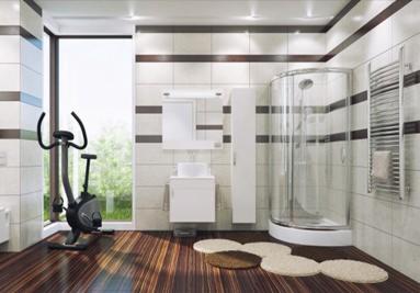 Jasna łazienka z kabiną prysznicową, umywalką z szafką i lustrem oraz rowerkiem treningowym stojącym obok dużego okna z widokiem na zieleń.