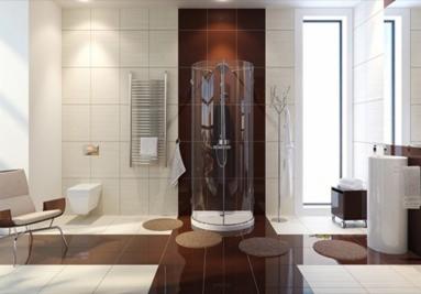 Jasna łazienka z kabiną prysznicową w kształcie walca, brązowymi akcentami na podłodze i ścianie, grzejnikiem drabinkowym, wiszącą toaletą i krzesłem w rogu.
