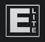 Srebrne logo 'E LITE' w czarnej ramce na ciemnoszarym tle.