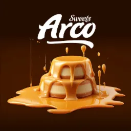 Grafika 3D przedstawiająca dwuwarstwowy deser oblany karmelem z logo 'Arco Sweets' nad nim, na brązowym tle.