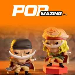 Dwie figurki kolekcjonerskie Funko Pop przedstawiające postacie z anime One Piece: Edward Newgate (Białobrody) w różnych wersjach, na pomarańczowym tle z logo Popmazing.pl