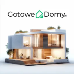 Wizualizacja nowoczesnego, dwupiętrowego domu z dużymi przeszkleniami i drewnianą elewacją, prezentowana z logo 'Gotowe Domy.pl' u góry.