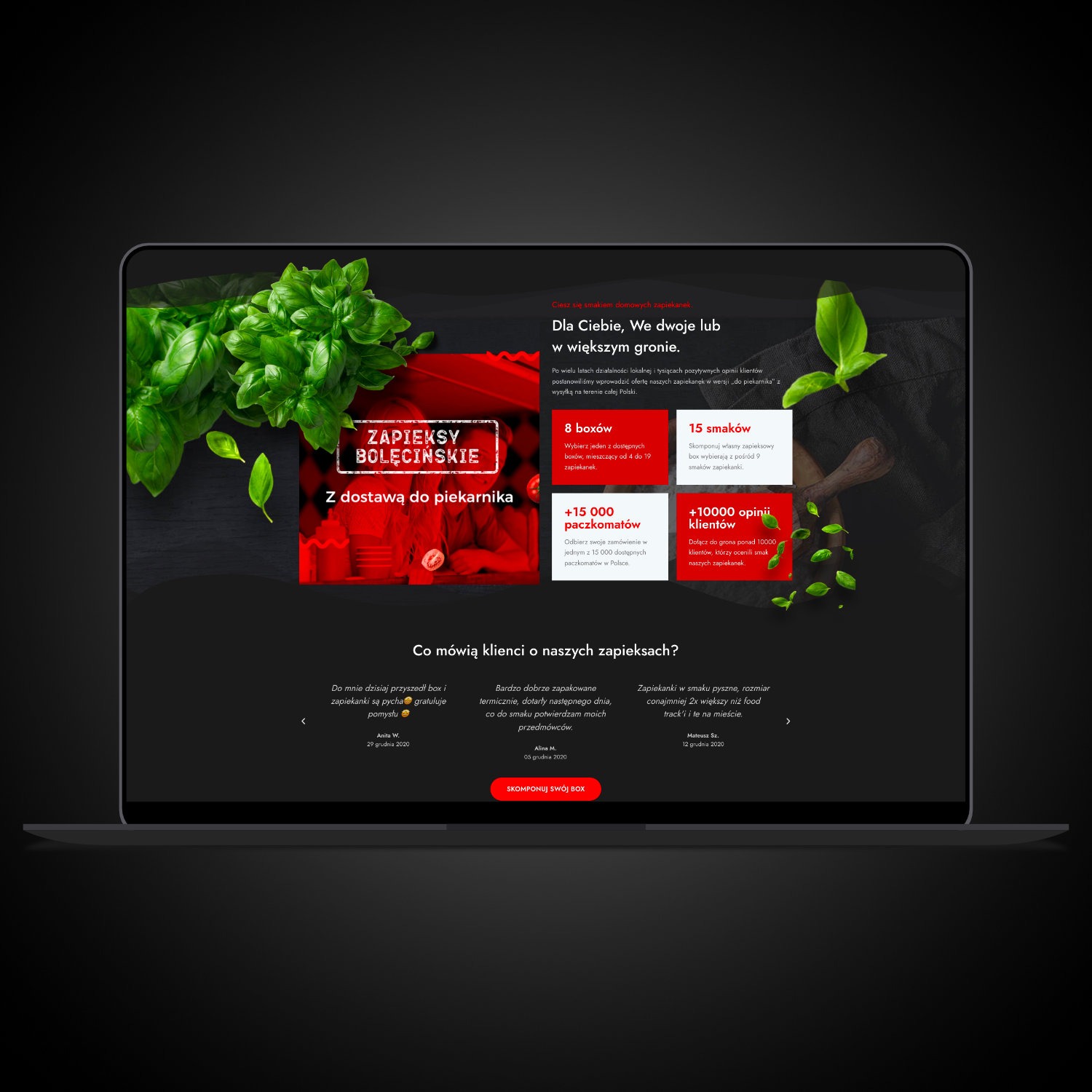 Strona internetowa z ofertą zapiekanek z dostawą w Warszawie, prezentowana na ekranie laptopa, z widocznymi elementami graficznymi i tekstami reklamowymi, w tym hasło 'Zapieksy Bolecińskie'