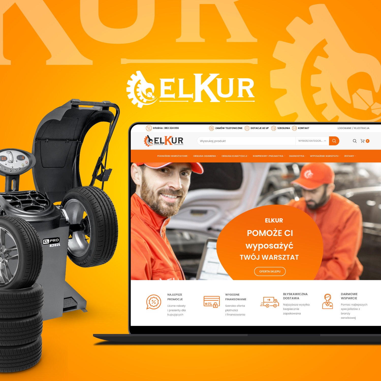 Laptop wyświetlający stronę internetową firmy ELKUR z wyposażeniem warsztatowym, obok wyważarka do kół i stos opon, na pomarańczowym tle.