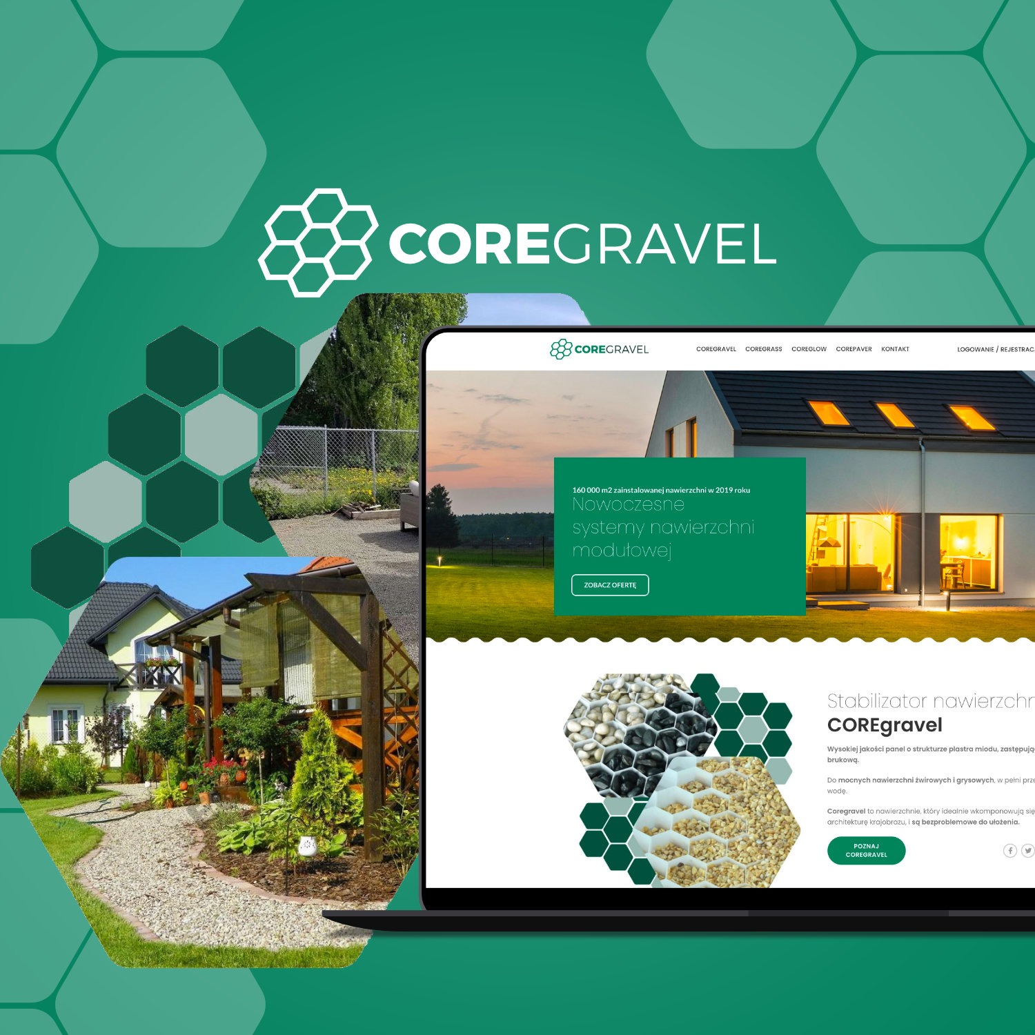 Laptop wyświetlający stronę internetową Coregravel z realizacjami nawierzchni żwirowych i grysowych, w tle dom z ogrodem i nowoczesny dom z oświetleniem.