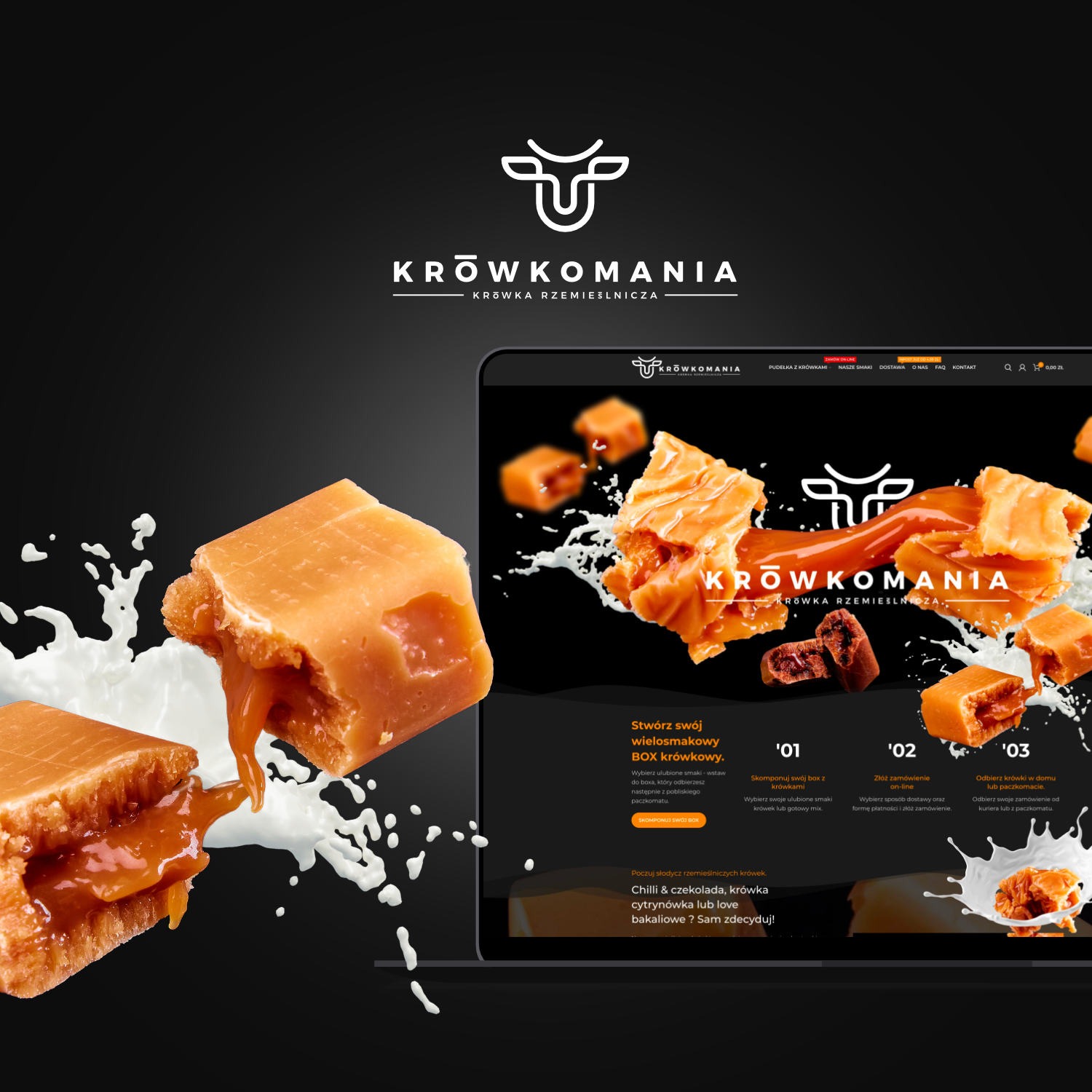 Ekran laptopa prezentuje stronę internetową Krówkomania z wizualizacją krówki rzemieślniczej i rozpryskami mleka, obok lewitujące krówki w zbliżeniu z płynnym karmelem.