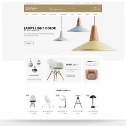 Projekt strony internetowej sklepu meblowego z pastelowymi lampami wiszącymi na banerze głównym i sekcją prezentującą minimalistyczne krzesła i sofy.