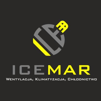 Logo firmy ICEMAR zajmującej się wentylacją, klimatyzacją i chłodnictwem, z abstrakcyjnym symbolem w kolorach szarym i żółtym na ciemnoszarym tle.