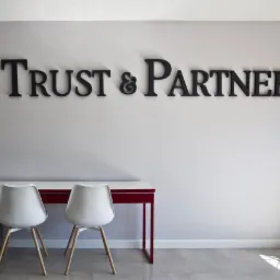 Recepcja biura z ciemnym napisem 'Trust & Partners' na szarej ścianie, biurko z dwiema białymi krzesłami, komputer stacjonarny i roślina doniczkowa w tle.