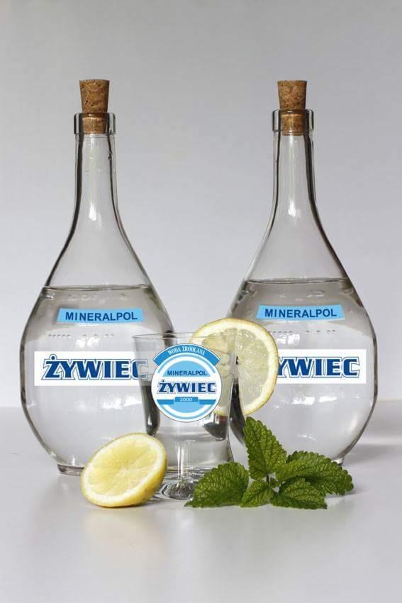 Dwie szklane karafki z wodą mineralną Żywiec, zakorkowane naturalnym korkiem, obok szklanka z plasterkiem cytryny i listkami mięty, na jasnym tle.