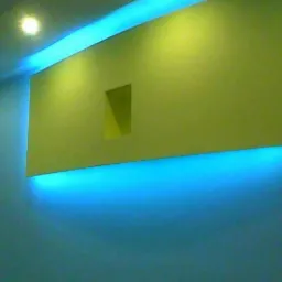 Żółta ściana z wnęką w kształcie trapezu, podświetlona niebieskim światłem LED, widok z dołu.