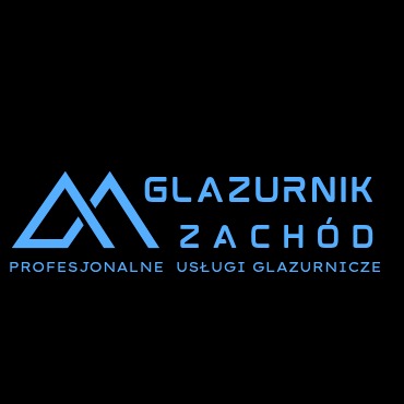 Niebieskie logo firmy glazurniczej na czarnym tle. Geometryczny symbol góry i napis 'Glazurnik Zachód. Profesjonalne usługi glazurnicze'.