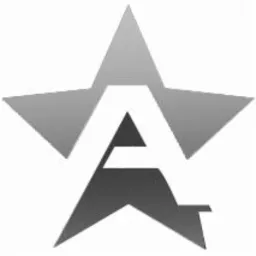 Szaro-białe logo w kształcie gwiazdy z wpisaną literą A, na białym tle.