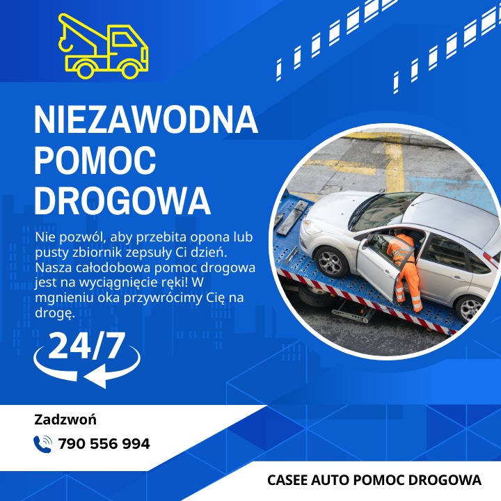 Grafika reklamowa: Laweta z białym samochodem osobowym, pracownik w pomarańczowym kombinezonie, napis 'Niezawodna pomoc drogowa 24/7', numer telefonu i logo firmy na niebieskim tle.