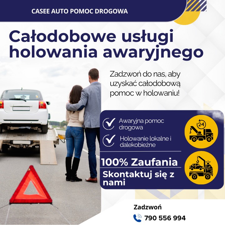 Grafika reklamowa firmy oferującej całodobowe holowanie awaryjne, przedstawia parę stojącą na poboczu obok lawety z holowanym białym samochodem osobowym i trójkątem ostrzegawczym na jezdni.