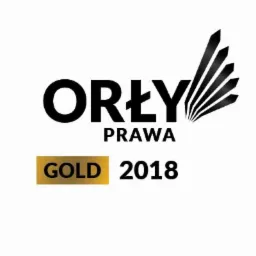 Logo 'Orły Prawa' z dopiskiem 'GOLD 2018', czarno-złote na białym tle.
