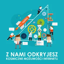 Ilustracja koncepcyjna prezentująca zespół budujący rakietę z logo firmy Goodface, symbolizującą odkrywanie kosmicznych możliwości internetu, z elementami takimi jak zębatki, klepsydra i drabina...