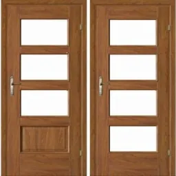 Cztery brązowe drzwi wewnętrzne o różnym wzornictwie: pełne z trzema panelami, z czterema szybami, i z otworami wentylacyjnymi u dołu.