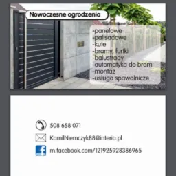 Wizytówka firmy oferującej nowoczesne ogrodzenia: panelowe, palisadowe, kute, bramy, furtki, balustrady, automatykę do bram, montaż i usługi spawalnicze. Zawiera numer telefonu, adres e-mail i link...