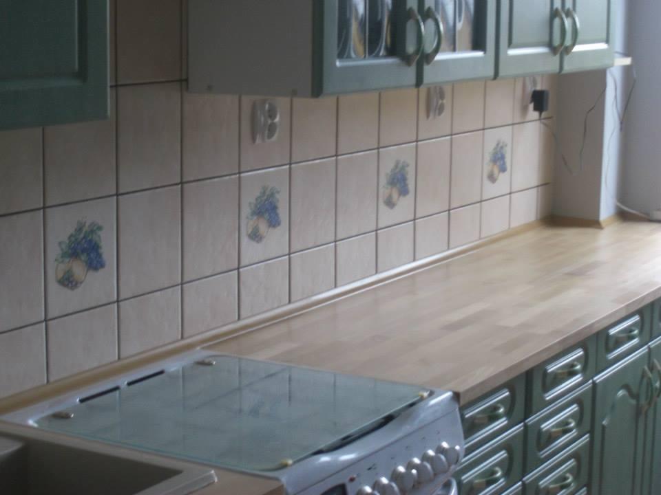 Kuchnia z zielonymi szafkami, drewnianym blatem i kremowymi płytkami z motywem winogron, widoczne gniazdko elektryczne na ścianie.